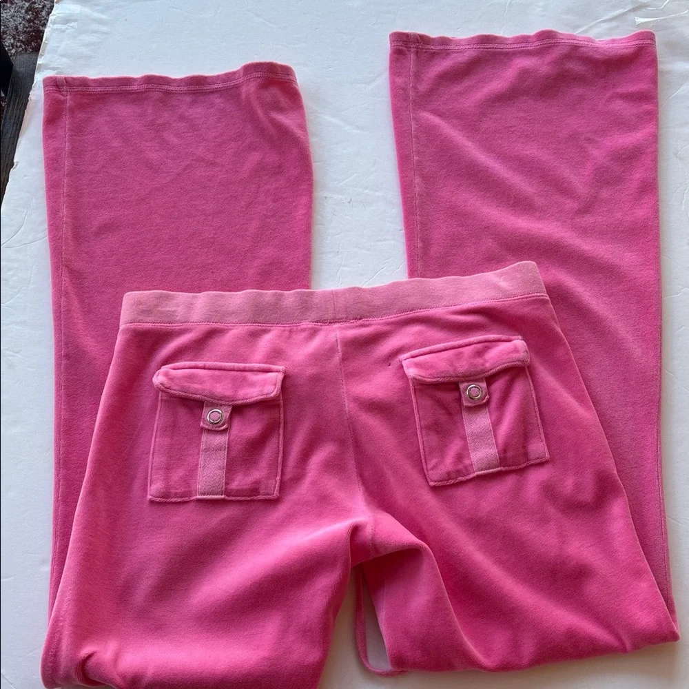 Vintage Juicy Couture Velour Y2k Tracksuit Pant Pink USA Flare Snapback Pocket M